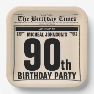 90th Birthday Vintage Old Newspaper Classic Custom Paper Plate