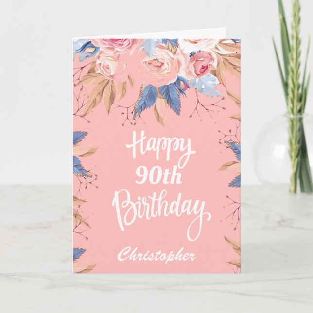 90th Birthday Watercolor Botanical Pink Floral Card (Front)