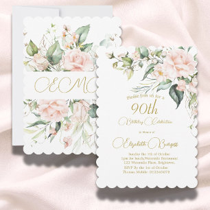 90th Birthday Watercolor Floral Monogram Elegant  Invitation