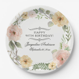 90th Birthday Watercolor Floral Yellow Pink Roses Paper Plate