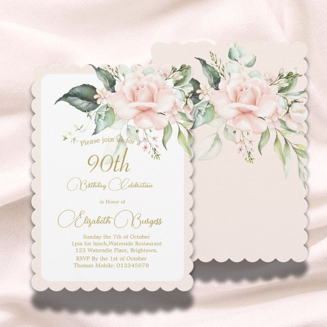 90th Birthday Watercolor Pink Floral Elegant  Invitation (Creator Uploaded)
