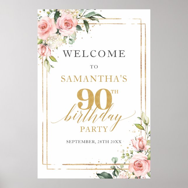90th birthday welcome sign blush and gold glitter (Front)