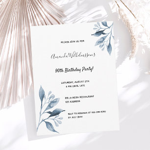 90th birthday white blue botanical invitation postcard