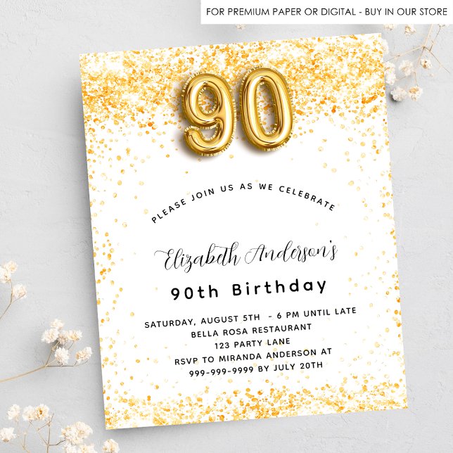 90th birthday white gold budget invitation flyer (Creator Uploaded)