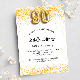 90th birthday white gold glitter elegant invitation postcard