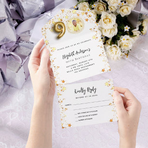 90th birthday white gold stars photo party RSVP All In One Invitation