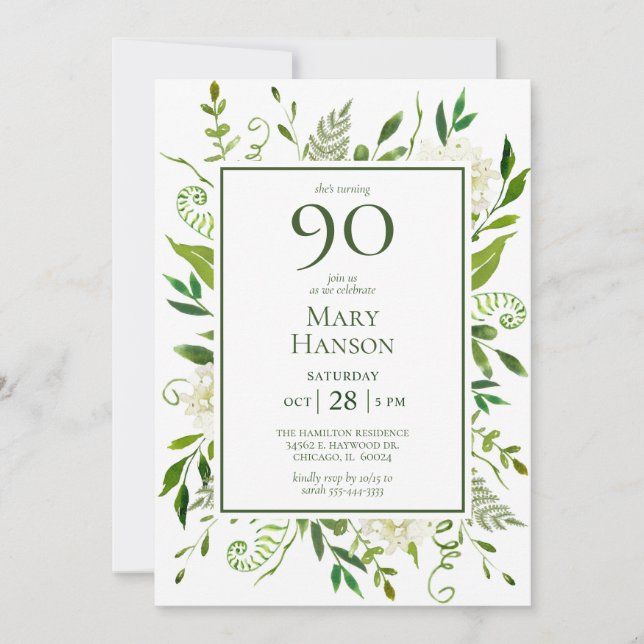 90th Birthday White Hydrangeas Invitation (Front)