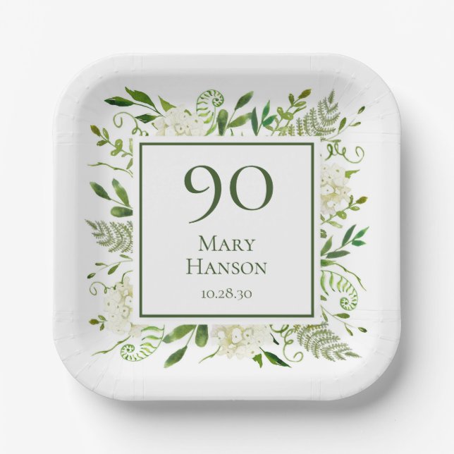 90th Birthday White Hydrangeas Paper Plate (Front)