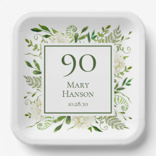 90th Birthday White Hydrangeas Paper Plate