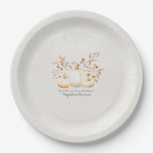 90th Birthday White Pumpkin Fall Leaves Custom Paper Plate