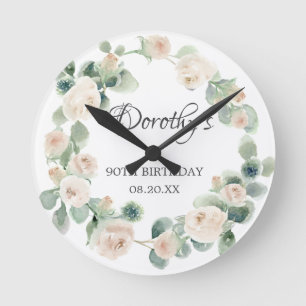 90th Birthday White Rose Floral Eucalyptus Wreath Round Clock
