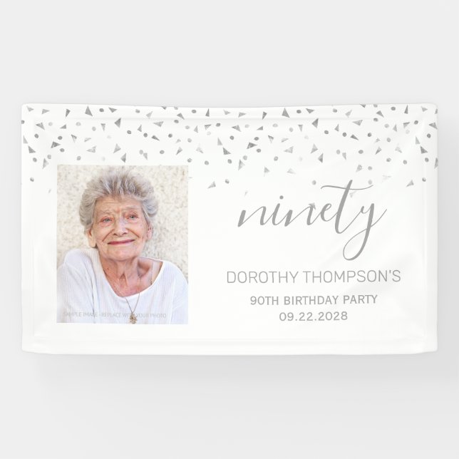 90th Birthday White Silver Confetti Photo Banner (Horizontal)