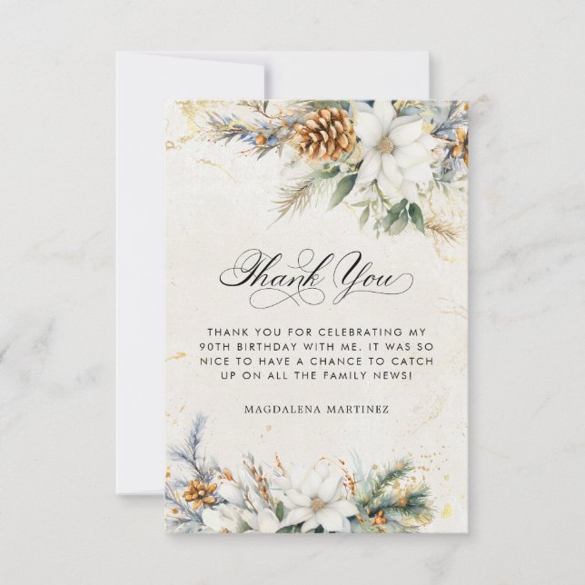 90th Birthday Winter White Floral Greenery Thank You Card (Front)