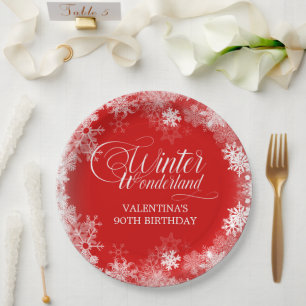 90th Birthday Winter Wonderland Snowflake Red Paper Plate