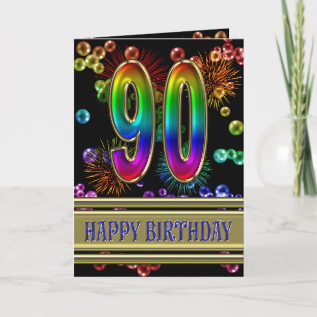90th Birthday with rainbow bubbles and fireworks Card (Front)