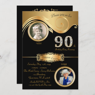 90th,Birthday Woman 90th,elegant art deco,black Invitation