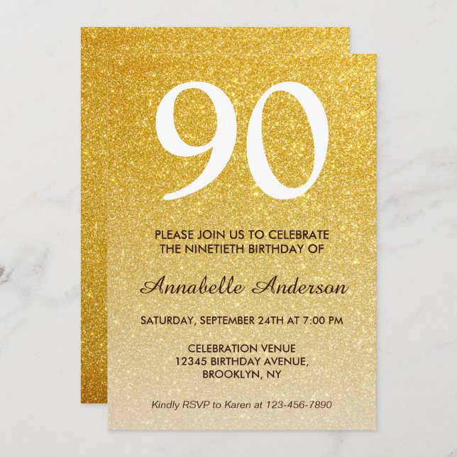 90th Birthday Yellow Gold Glitter Sparkle Ombre Invitation (Front/Back)
