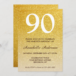 90th Birthday Yellow Gold Glitter Sparkle Ombre Invitation