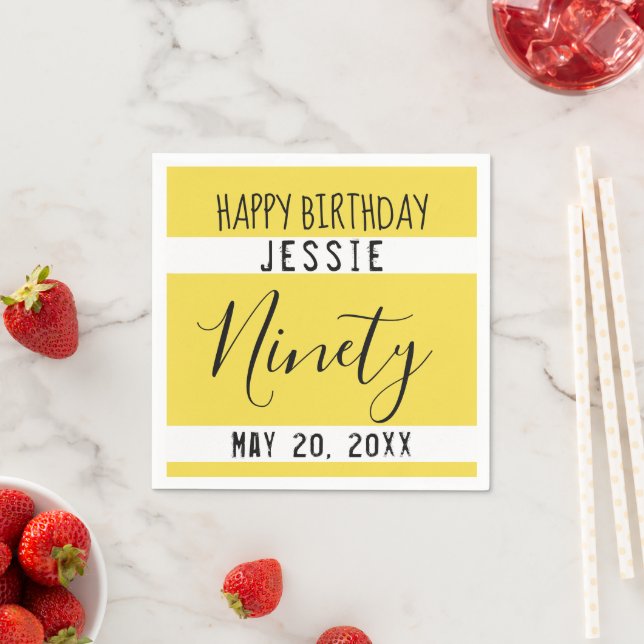 90th Birthday Yellow Personalised Paper Napkins (Insitu)