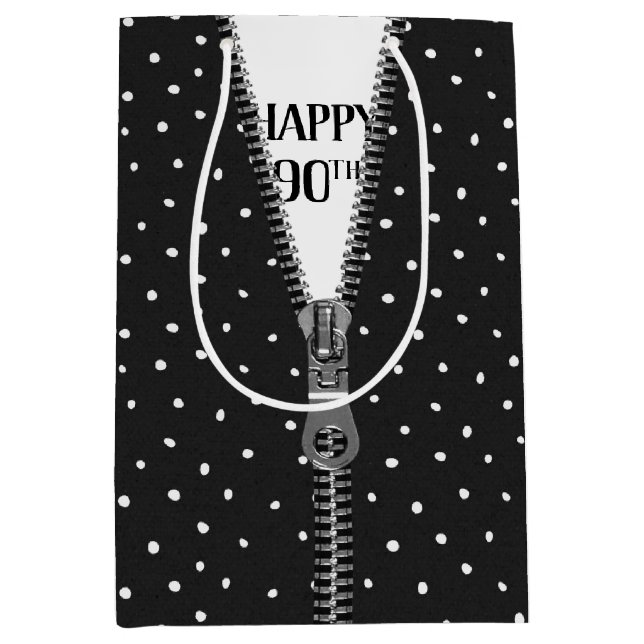90th Birthday Zipper On Polka Dots Medium Gift Bag (Front)