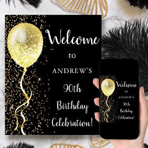 90th   Black & Gold Glitter Birthday Welcome Poster