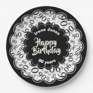 90th Black/White Random Number Pattern Paper Plate