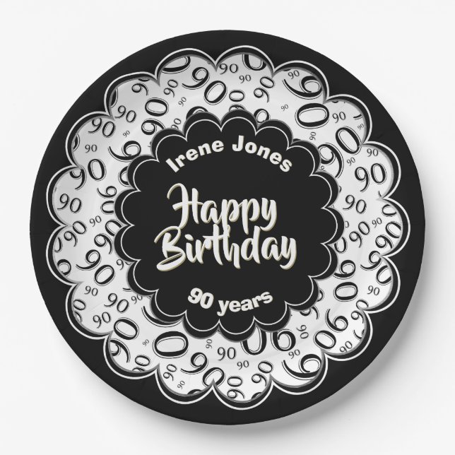 90th Black/White Random Number Pattern Paper Plate (Front)