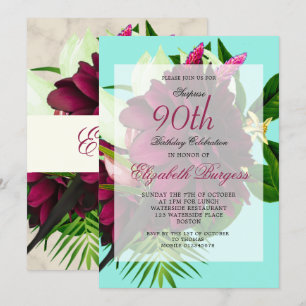 90TH Blue Cream Floral Elegant Modern Birthday Invitation