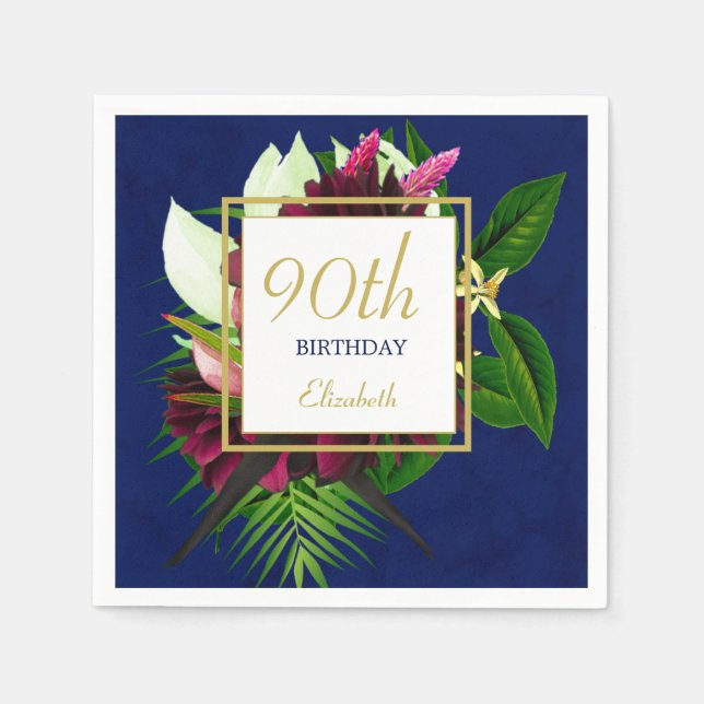 90TH Blue Gold Floral Elegant Modern Birthday Napkin (Front)