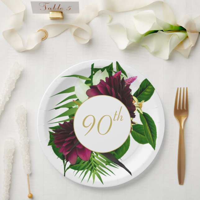 90TH Blue Gold Floral Elegant Modern Birthday Paper Plate (Wedding)