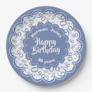 90th Blue/White Random Number Pattern Paper Plate