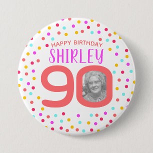 90th custom photo colourful coral confetti 7.5 cm round badge