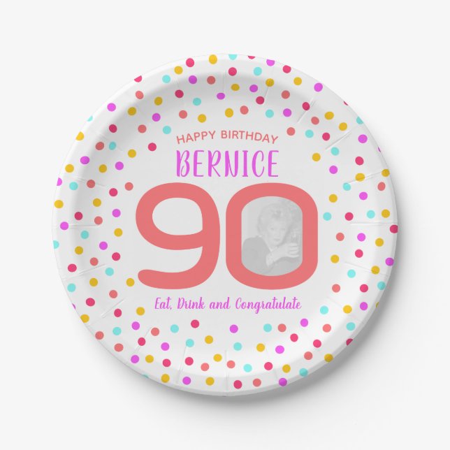 90th custom photo colourful coral confetti birthda paper plate (Front)