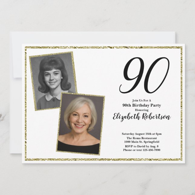 90th Custom Photo White and Gold  Invitation (Front)