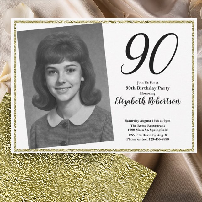 90th Custom Photo White and Gold  Invitation (Creator Uploaded)