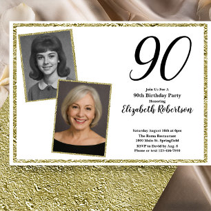 90th Custom Photo White and Gold Invitation