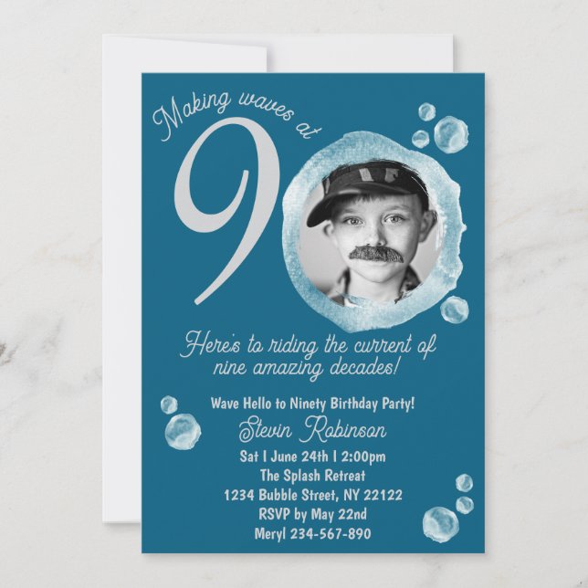 90th Dark Teal Bubble Birthday Party Invitation (Front)
