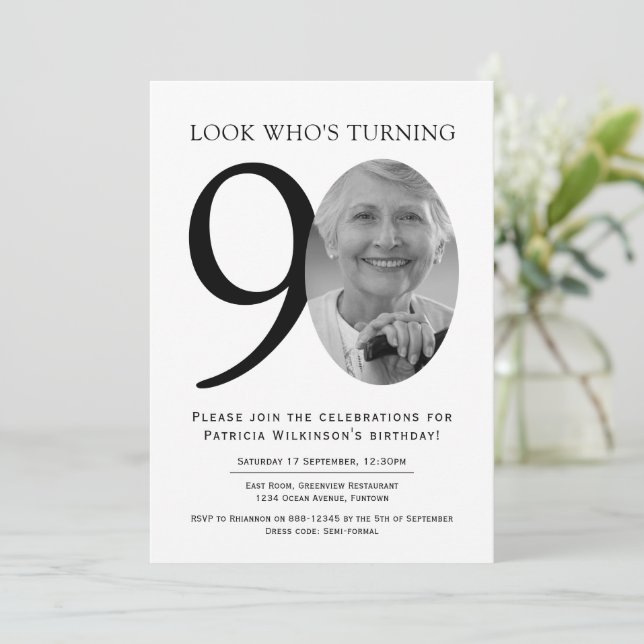 90th Elegant Black and White Photo Birthday Invitation (Standing Front)