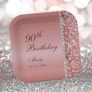 90th Elegant Rose Gold Birthday Paper Plate