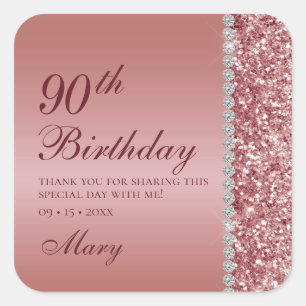 90th Elegant Rose Gold Birthday Square Sticker