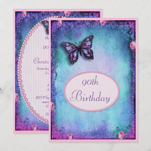 90th Faux Glitter, Butterfly, Roses & Lace Invitation