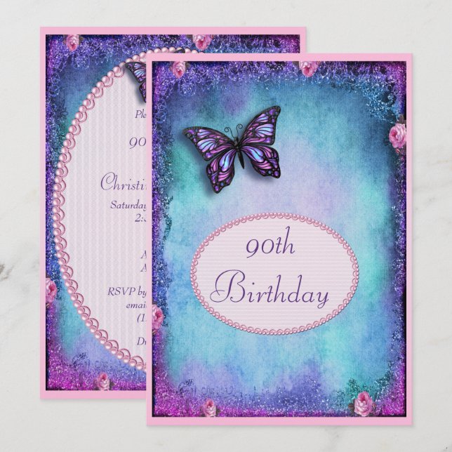 90th Faux Glitter, Butterfly, Roses & Lace Invitation (Front/Back)