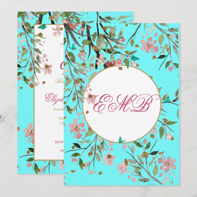 90th Floral Aqua Blue Elegant  Monogram Birthday Invitation (Front/Back)