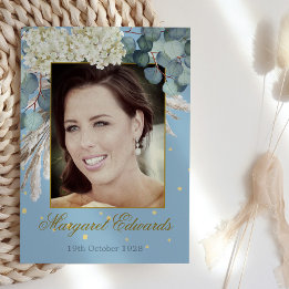 90th Floral Blue Gold Elegant Photo Birthday Invitation