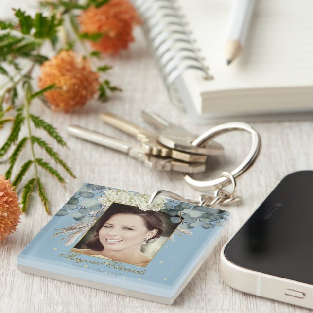 90th Floral Blue Gold Elegant Photo Birthday Key Ring (Front Right)