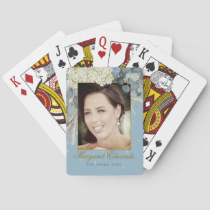 90th Floral Blue Gold Elegant Photo Birthday Playing Cards