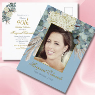 90th Floral Blue Gold Elegant Photo Birthday Postcard
