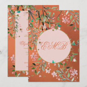 90th Floral Coral Elegant Pink Monogram Birthday Invitation