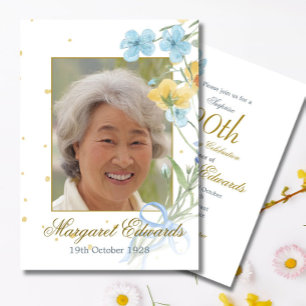 90th Floral Flowers Gold Elegant Photo Birthday Invitation