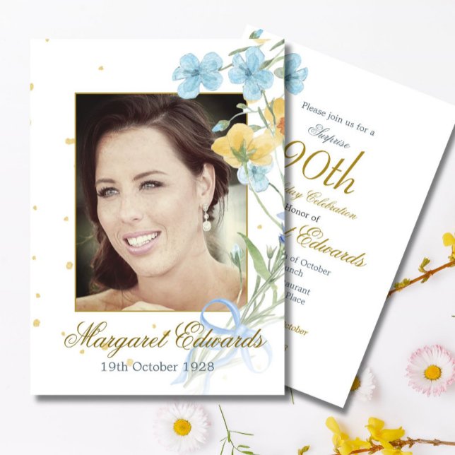 90th Floral Gold Elegant Photo Birthday Invitation (Creator Uploaded)